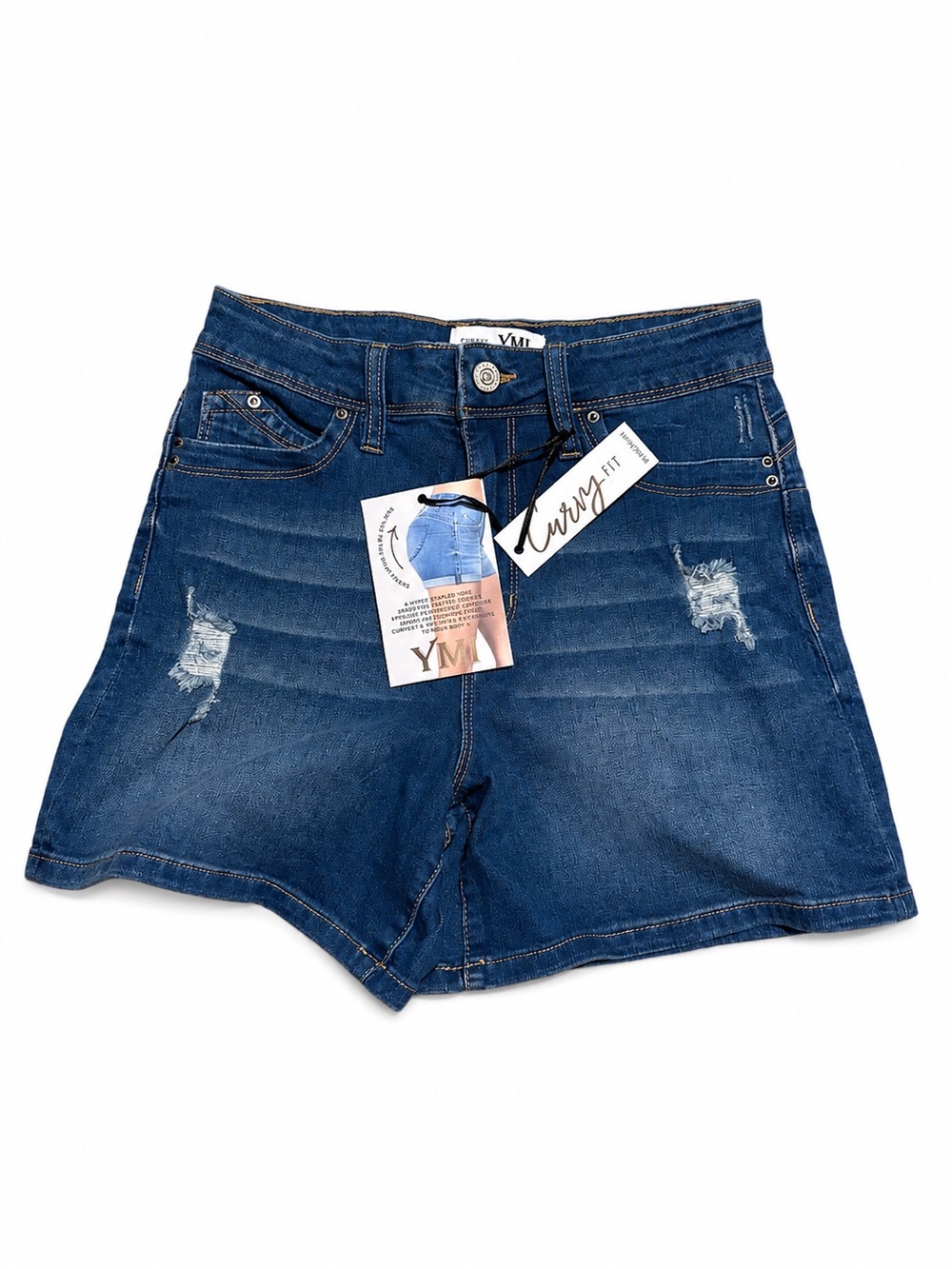NWT  YMI Curvy Fit High Rise Denim Shorts Size 9/29 Medium Wash Distressed